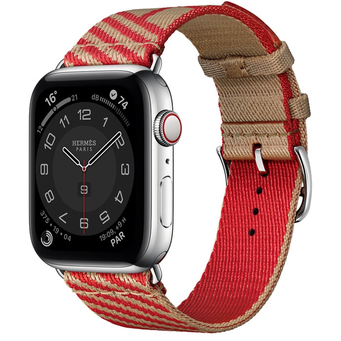 Apple Watch Hermes Series 6 40mm Stainless Steel GPS + Cellular Boîtier en acier inoxydable argent, Bracelet Simple Tour Jumping Kraft/Rouge de Cœur