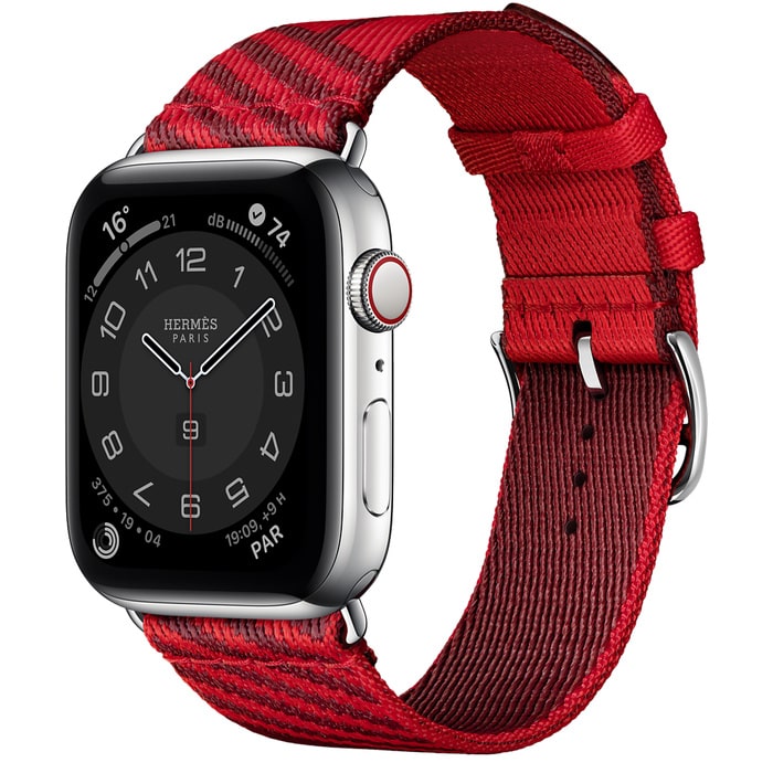 Apple Watch Hermes Series 6 40mm Stainless Steel GPS + Cellular Boîtier en acier inoxydable argent, Bracelet Simple Tour Jumping Rouge de Cœur/Rouge H